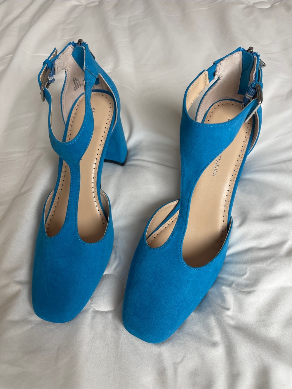 Adrienne Vittadini Bright Blue Suede T-Strap Block Heel Pumps